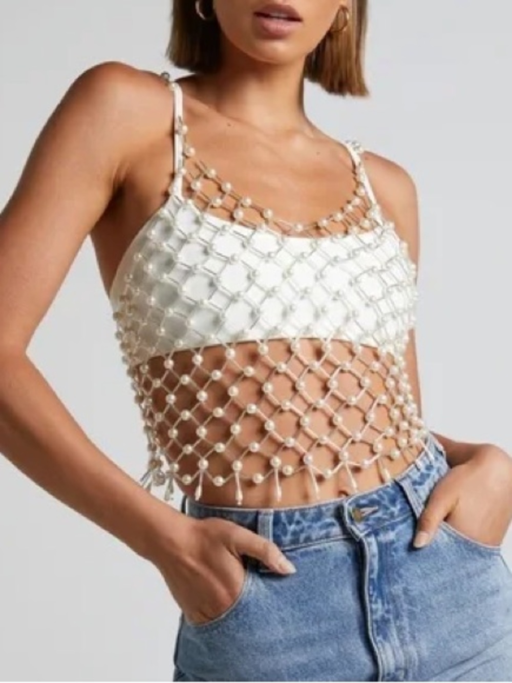 Pearl Mesh Body Chain Jewelry Tank Top Festival Boho Concert Western Going Out